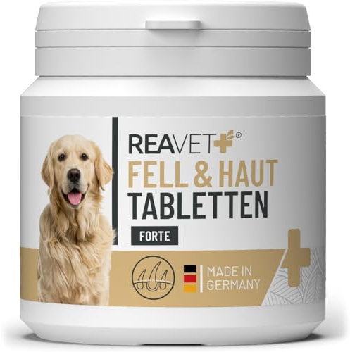 ReaVET Fell & Haut Tabletten Hunde 120 Stück - sekundierend bei Fellproblemen, Dermatose & Haarausfall Hund, Fell Tabletten für Hunde, Unterstützung der Hautfunktion