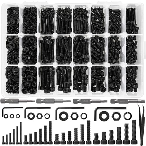K Kwokker Nut and Bolt Assortment M2 M3 M4 M5, 24 Size 8MM to 25MM Zinc Plated Hex Socket Head Cap Machine Screws 12.9 Alloy Steel Metric Screw Assortment, Bolts and Nuts Kit w/Lock Washer, 1574Pcs