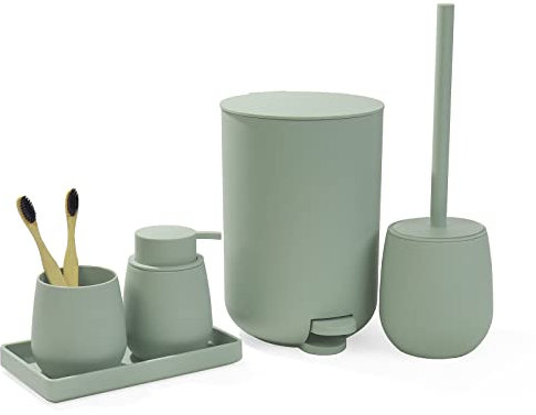 GAHEFY Set di accessori da bagno, set di accessori da bagno verde salvia con bidone, porta spazzolino da denti, dispenser di sapone, vassoio da bagno, scopino e supporto (5 pezzi)