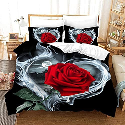AOXHFNV Rose Bettbezug Set 3D Rot Rose Bettwäsche Set Mädchen Kreative Bettwäsche Set 3 Teilig mit 2 Kissenbezug (Rot, 200×200cm)