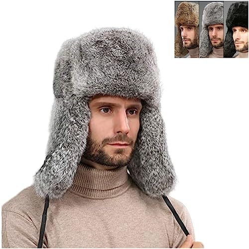 OSMARI Winter Russischer Kunstfellhut Kosakenhut Winter Trapper Hut Ohrenklappe Eskimo Hut Unisex Fliegermütze Kunstleder Pilotenkappe, Grau XXL