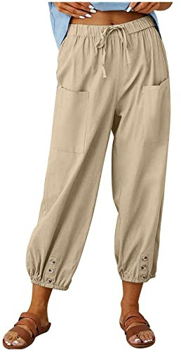 RMBLYfeiye Baggy Hose Damen Schlupfhose Damen Kurzgröße Hosen Damen Elegant Elastische Taille Einfarbiges Stretch Schlupfhose Mit Taschen Tunnelzug Locker Palazzo Hose Sommerhose Damen (Khaki S)