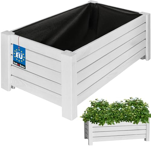 KOTARBAU® Blumenkasten - 60 x 33 x 25 cm - Pflanzkasten mit Vlies - Pflanzkübel groß außen - Balkon Sichtschutz - Blumenkästen für Garten & Terrasse - Blumenkübel aus Kiefernholz - Weiß