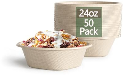 Homestockplus [50 Pack] 24 Oz Disposable Paper Bowls - Heavy Duty Disposable Bowls - Made from Natural Bagasse for Cereal, Rice, French Fries - Convenient and Compostable