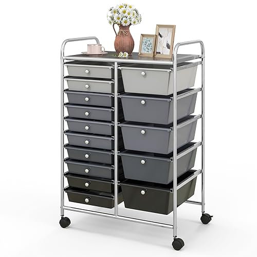 KOMFOTTEU Trolley mit 15 Schubladen, stapelbar, mit Verriegelungsrollen, Organizerwagen mit Metallrahmen, für Büro, Bad, Wohnzimmer (15 Schubladen, grau)