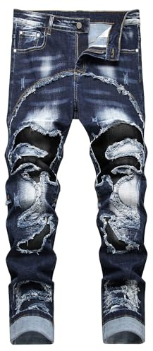 Baylvn Jeans da uomo dritti slim fit patchwork comfort skinny biker denim pantaloni, 3860 Blu Navy, 50