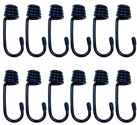 ONEBO 12 Stück Eisen Gummi beschichtet Spiralhaken,Bungee Straps Haken,Shock Cord Haken,Seilhaken für Anhänger,für Bungee Ropes Shock Cord Elastisches Seil(12mm,Schwarz)