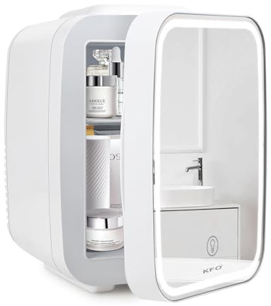 KFO Mini Frigo Cosmetico 4L, Ultra Silenzioso (20 dB) con Specchio LED per Cosmetici e Bevande, 220V AC/12V DC Raffreddamento e Riscaldamento Termoelettrico, Piccolo Frigo da Camera, Ufficio, Auto