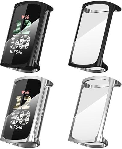 Suoman 4 Pack for Fitbit Charge 6/Charge 5 Case, Definition Clear Screen Protector, All-Around Soft TPU Flexible Protective Cover (Black+Black+Silver+Silver)