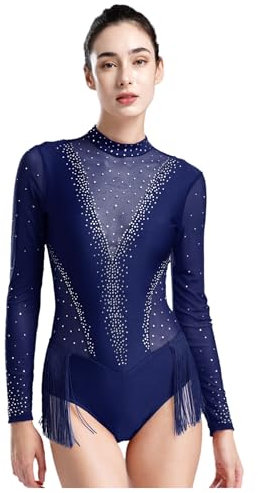 JEATHA Damen Turnbody Turnanzug mit Glitzer Strasssteine Langarm Quaste Bodysuit Eiskunstlauf-Body Mesh Patchwork Gymnastikanzug Ballettanzug Navy blau S