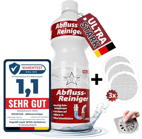 Ricostar Abflussreiniger extra stark [Vom Profi] 1000ml | Made in Germany | Rohrreiniger extrem stark | Rohrfrei extra stark | Abflussfrei extrem stark | Abfluss reinigen
