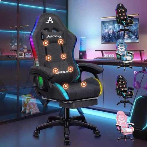 ALFORDSON Gamer-Stuhl Gamer Stühle RGB LED Racing PC-Gaming-Sessel Massage Bürostuhl ergonomisch Schreibtischstuhl Fußstützen, 90-150°Neigungswinkel,180 kg belastbar, Stoff, Grau
