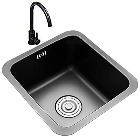 XUTNZA Lavello da Cucina, Lavabo Profondo a Vasca Singola, con Rubinetto Rotondo, Installazione con Montaggio a incasso/Nero/44X39 cm