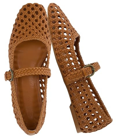 CUSHIONAIRE Weston Hand Woven Mary Jane Flats for Women, Comfortable Dressy Ballet Flats with Braided Adjustable Buckle and Memory Foam Cushioning, Cognac 8