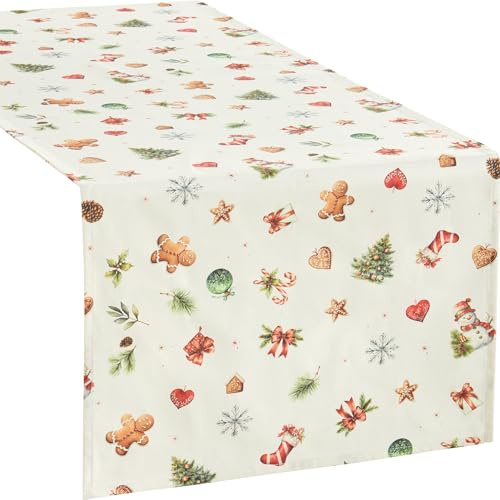 Erwin Müller Tischläufer Noel Creme-bunt Größe 50x150 cm, Weihnachten, Canvas-Gewebe, Schneeflocke, Plätzchen - robuste Qualität, strapazierstark
