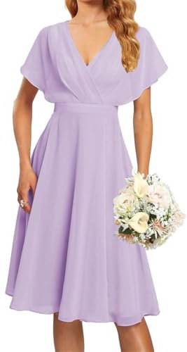 WSEYU ZM107 - Vestido de fiesta con cuello en V, manga corta, para dama de honor, graduación, cóctel, fiesta, Lila, 36