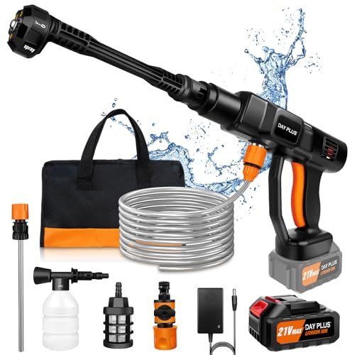Akku Hochdruckreiniger 21V,Tragbar Druckreinigerpistole mit 1 Akku 3000mAh und Schnellladegerät, 45Bar Mobile Hochdruck Wasserpistole Bürstenlosen, 6-In-1 Düse,5 Meter Schlauch, Auto/Gartenreinigung