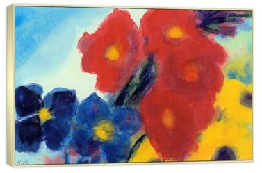 SDYSKKUG Emil Nolde Bild. Berühmte Leinwandbilder Druck auf Leinwand. Dahlien und blaue Clematis. Kunstdruck Reproduktion Fertig zum Aufhängen 120x80cm Champagner Silber Rahmen