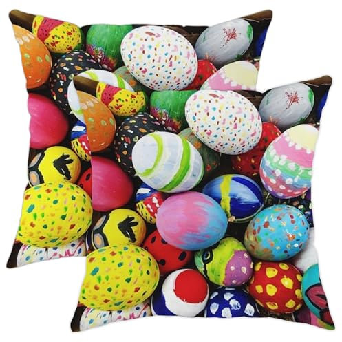 Bunte Osterei-Kissenbezüge, 2er-Set, lebendige dekorative Kissen für Frühling, Urlaub, Heimdekoration, lustige, festliche quadratische Sofakissenbezüge, 45,7 x 45,7 cm