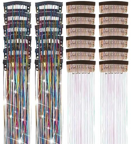 Mecmbj 24 Stück Hair Tinsel, Haar Lametta Glitzer Haarsträhnen, Haarsträhnen zum Einklipsen für Frauen Mädchen Kinder Cosplay Party