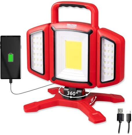 WALTER Akku Arbeitsleuchte 2000 Lumen Magnetfuß | 360° drehbar, Powerbank, USB-C, Wiederaufladbare LED Baustellenlampe für Werkstatt, Garage & Outdoor