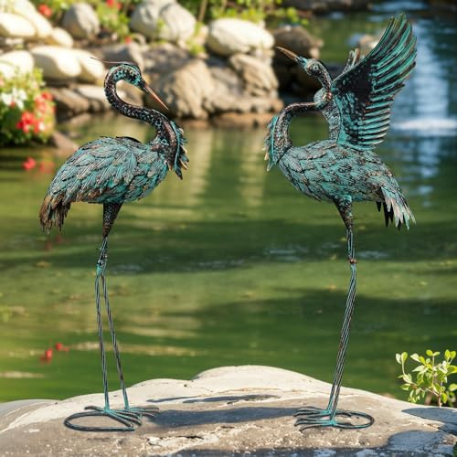 Large Garden Statues Set of 2, Metal Crane Sculptures, Bronze Heron Outdoor