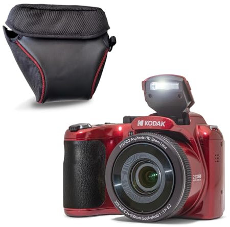 KODAK Pixpro AZ255 Cámara Bridge 16MP, Zoom Óptico 25x, Full HD 1080p, Gran Angular 24mm, Estabilizador, Pantalla LCD de 3, Funda Incluida - Ideal para Viajes - Rojo