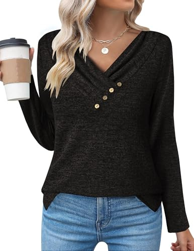 ZEAGOO Långärmad tröja damer, V-ringad topp, elegant långärmad skjorta, enfärgad långtröja, lös t-shirt, tunika, svart, L