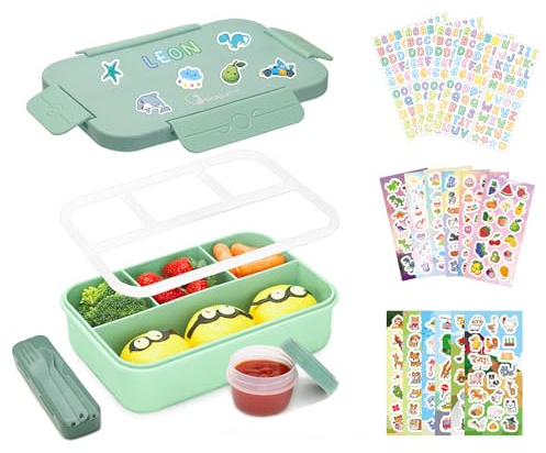Bugucat Lonchera Bento de 1300 ml con 16 calcomanías, a prueba de fugas, con 4 compartimentos, cubiertos para niños y adultos, caja de aperitivos para escuela, jardín de infantes, oficina, color negro