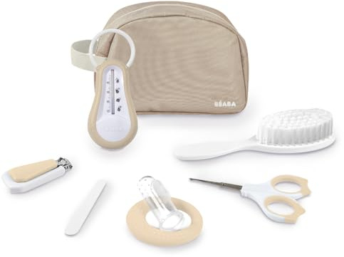 BÉABA Nomad babynecessär - 7 viktiga tillbehör från födseln - termometer, nagelklippare, sax, borste, tandring - kompakt storlek med fack - lerfärger