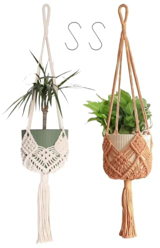 Dakuailo Makramee Blumenampel 2er-Set, 89 cm,Beige und Kaffeefarbe | 2 handgeknüpfte Makramee-Pflanzenhänger in Beige und Grün für Blumentöpfe, Balkon, Terrasse und Wohnbereich