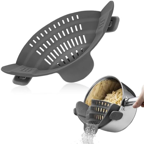 Escurridor de Pasta con Clip para Ollas, Colador de Cocina Ajustable, Color Gris