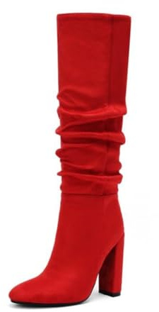 Botas Mujer Holgadas Altas hasta La Rodilla Tacón Grueso Punta Redonda Ante Botines Plantilla Acolchada Noche Fiesta Baile Casual Elegantes Duraderos,Rojo,41 EU