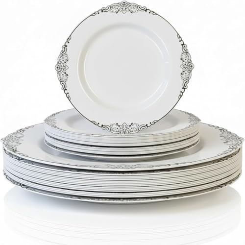 Playlearn Luxia - Set di 20 eleganti piatti in plastica argentata con bordo barocco, 10 piatti da cena e 10 piatti da dessert, durevoli, riutilizzabili, design moderno, stoviglie per feste ed eventi