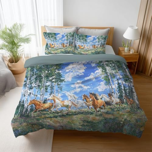 Morbido al tatto Aerato Colorato Olio Letto completo Luminoso Natura Cavallo Ultra morbido Microfibra per Children's Boys Girls Duvet Cover 260 x 240 cm