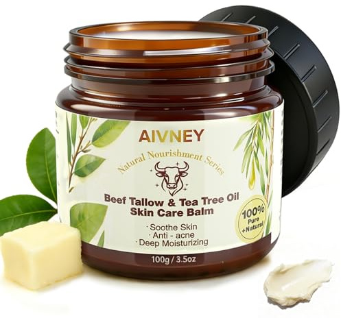 AIVNEY Beef Tallow for Skin - 100% Grass Fed Tallow Balm with Tea Tree Oil, Deep Face Moisturizer, Organic Jojoba Oil & Calendula for Sensitive Skin, Non-Greasy Body Butter, 3.5oz