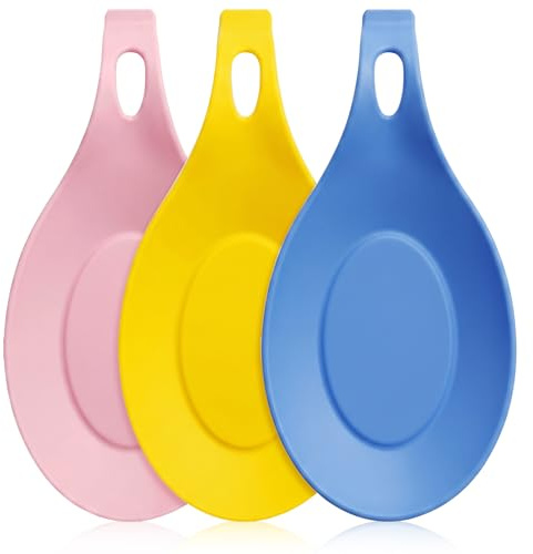 Classicseali 3pcs Spoon Rest Kitchen,Heat-Resistant Silicone Spoon Rest | Reusable Spoons Holder for Kitchens, Suitable for Wooden, Iron, Teaspoons, Kitchen Utensils, and Cutlery, Pink, Yellow, Blue