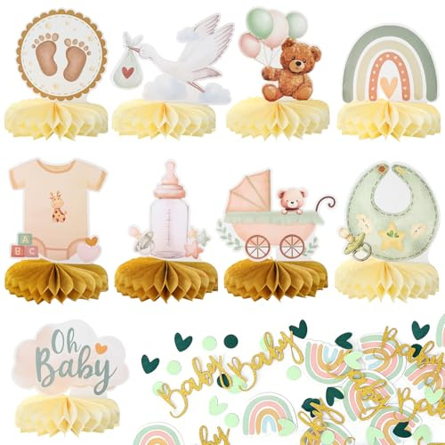 9 Stück Babyparty Deko Bienenwaben Mittelstück, mit 60 Baby-Konfetti | Oh Baby, Storch, Geburt Motiven, Babyparty Tischdeko, für Babyshowerparty, Babygeburt, Taufe