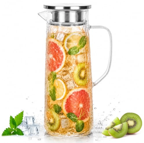 Hbzunt Jarra de cristal de 1,5 litros, jarra de agua de vidrio de borosilicato con tapa, jarra de cristal para bebidas, zumo, té, leche