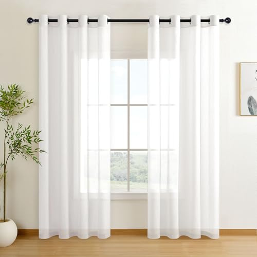DWCN White Sheer Curtains Textured Semi Transparent Eyelet Top Decorative Voile Curtain for Living Bedroom, 55 Wide x 96 Drop, 2 Panels