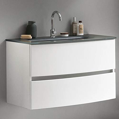 Lomadox Badezimmer Einzelwaschtisch 80 cm matt weiß inkl. Glaswaschbecken grau, BxHxT: ca. 80x53x49 cm