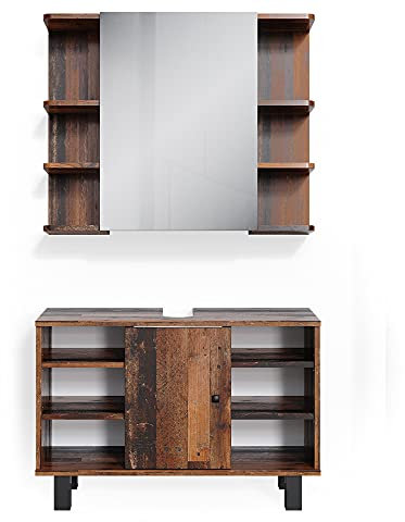 Vicco Badmöbel-Set Eiche rustikal Fynn, bestehend aus Waschbeckenunterschrank, Bad Spiegelschrank - mit Fächern für Flexible Aufbewahrung
