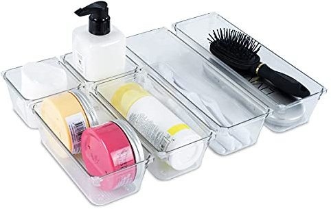 FiNeWaY 8pc Interlocking Drawer Organiser Plastic Storage Separator Tray Boxes Cutlery Compartment Kitchen Bedroom Bathroom Desk Office De-Clutter Tidy (White)