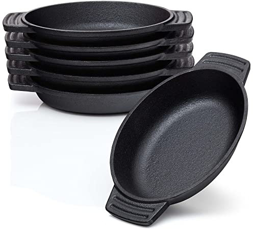 BBQ-Nerd© - Set di 6 padelle da portata in ghisa, ovali, 22,5 x 13 cm, per arrostire, grigliare, servire grigliate, padelle in ghisa per porzioni singole