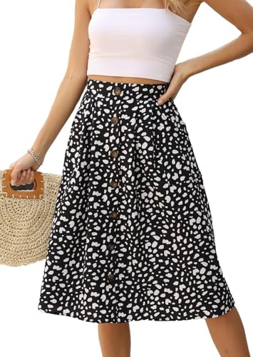 Naggoo Damen Polka Dot Midi-Rock, Casual, mit hoher elastischer Taille, A-Linie, Plissee Midi Chiffon-Rock mit Taschen, Floral Black, Klein