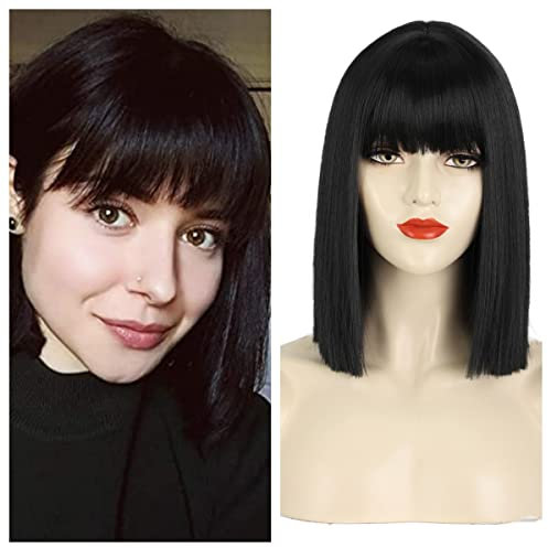 Greenmirr Short Perruque noire BOB Wavy Wigs avec Bangs Cheveux Synthétiques Résistants À La Chaleur 12in (Solid Black)