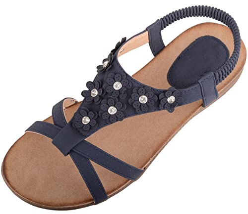 ABSOLUTE FOOTWEAR Womens Slip On Summer Holiday Floral Diamante Elasticated Sandals Shoes