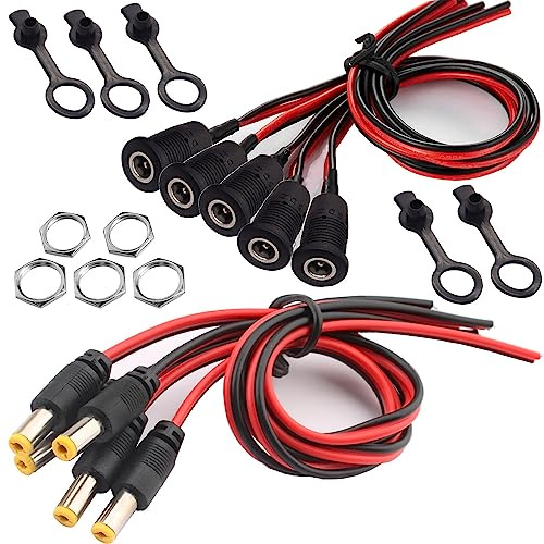 RUNCCI-YUN 18AWG 12V 5A 5,5 X 2,1 mm Power Jack Socket Set,5 x DC Power Jack Socket niedervolt steckverbinder 5,5 X 2,1 mm(Mit Kabel) 5x12V 2A DC Buchse Panel Mount 5,5 X 2,1 mm