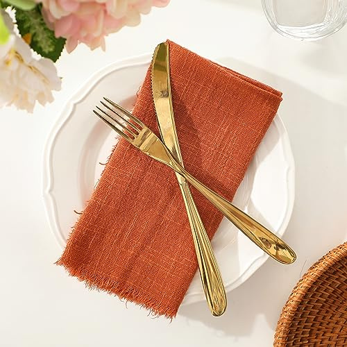 Kukinta Leinenservietten, vielseitig, 43,2 x 43,2 cm, handgefertigte Baumwollservietten, Abendessen, Tischtuch-Servietten für Hochzeit, Weihnachten und Partys, Orange, 12 Stück