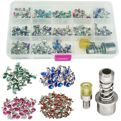 Trimming Shop 130 Set 8mm Diamante Rivet Bundle with 2-Part Die Set | Compatible with Green Machine Hand Press, Multicolour Acrylic Rivets in Storage Case for DIY Projects, Leathercrafts, Bags
